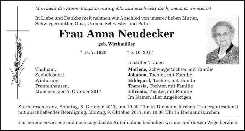 Traueranzeige Anna Neudecker