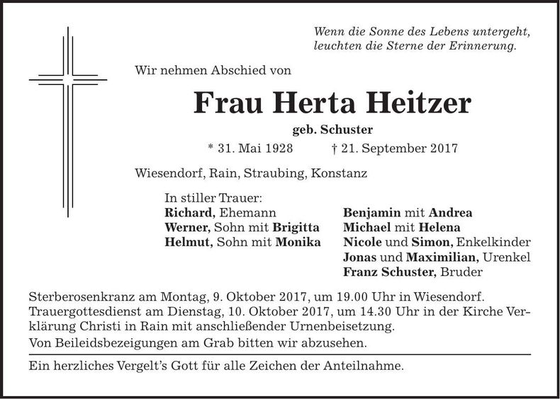 Traueranzeige Herta Heitzer