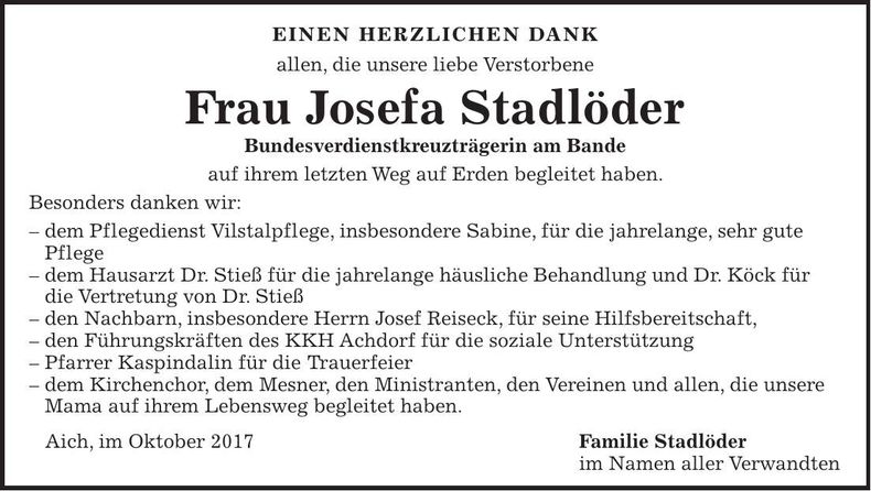 Traueranzeige Josefa Stadlöder