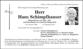 Traueranzeige Hans Schimpfhauser