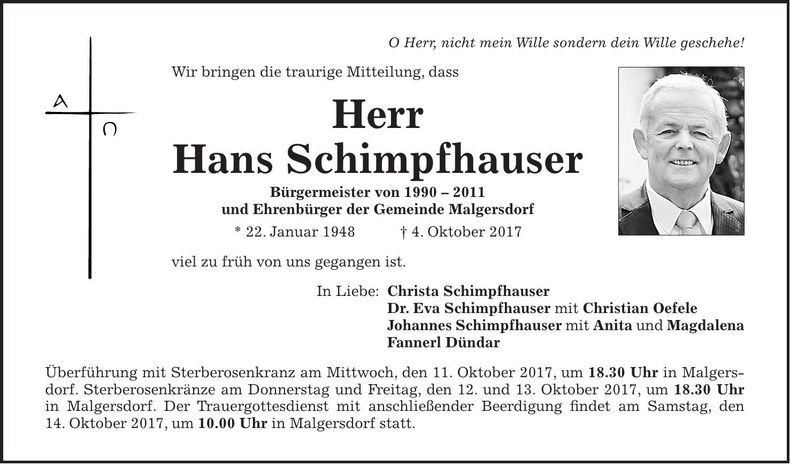 Traueranzeige Hans Schimpfhauser
