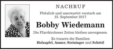 Traueranzeige Bobby Wiedemann