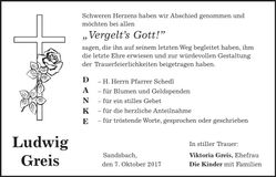 Traueranzeige Ludwig Greis