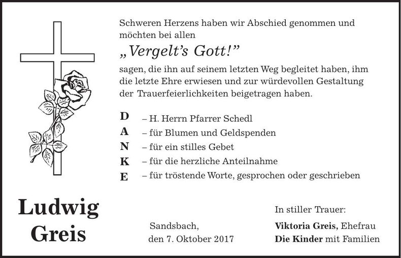 Traueranzeige Ludwig Greis