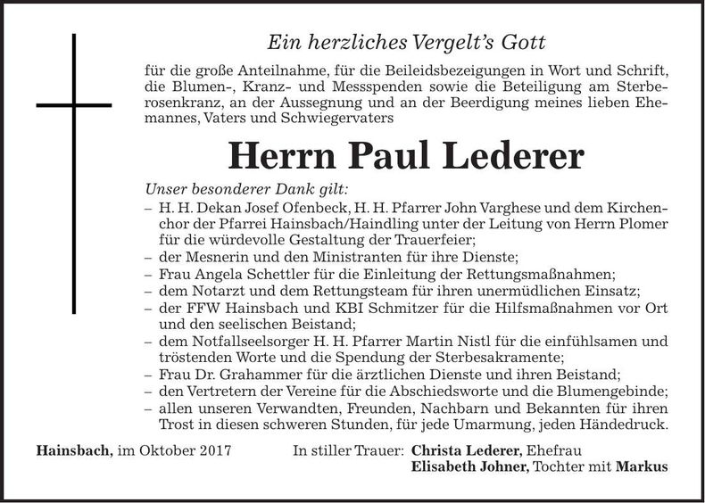Traueranzeige Paul Lederer