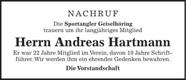 Traueranzeige Andreas Hartmann