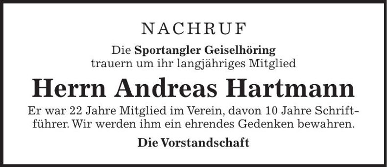 Traueranzeige Andreas Hartmann