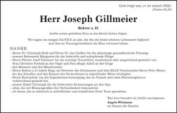 Traueranzeige Joseph Gillmeier