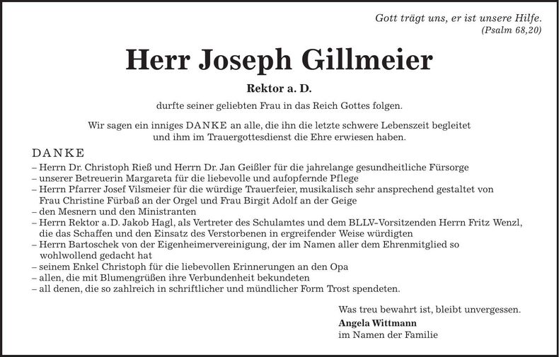Traueranzeige Joseph Gillmeier