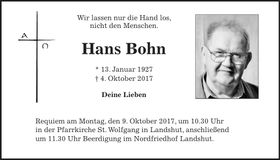 Traueranzeige Hans Bohn