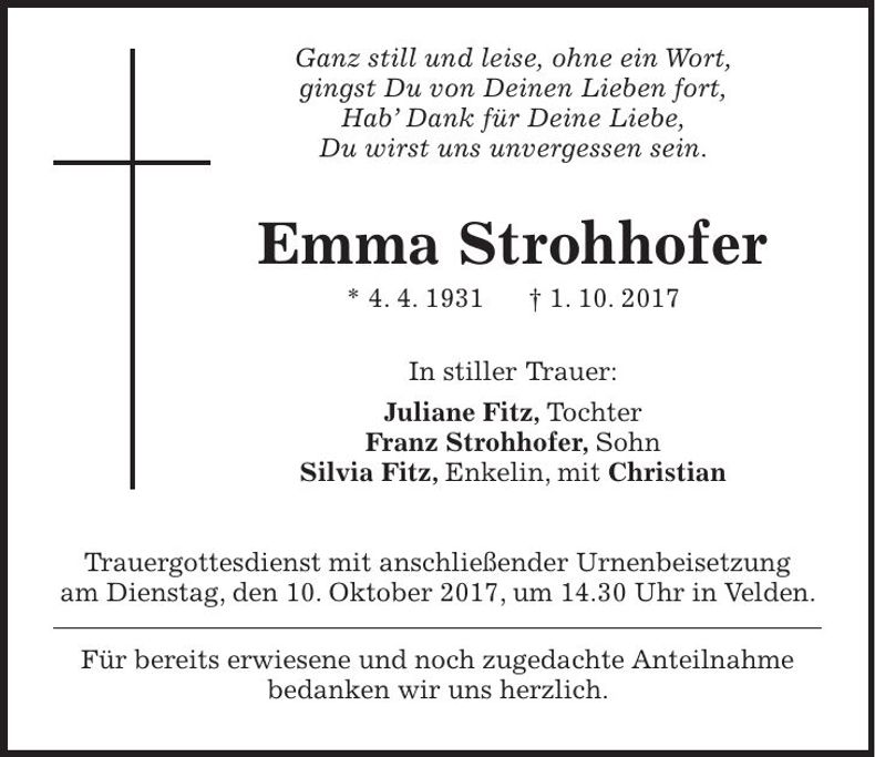 Traueranzeige Emma Strohhofer