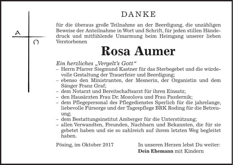 Traueranzeige Rosa Aumer