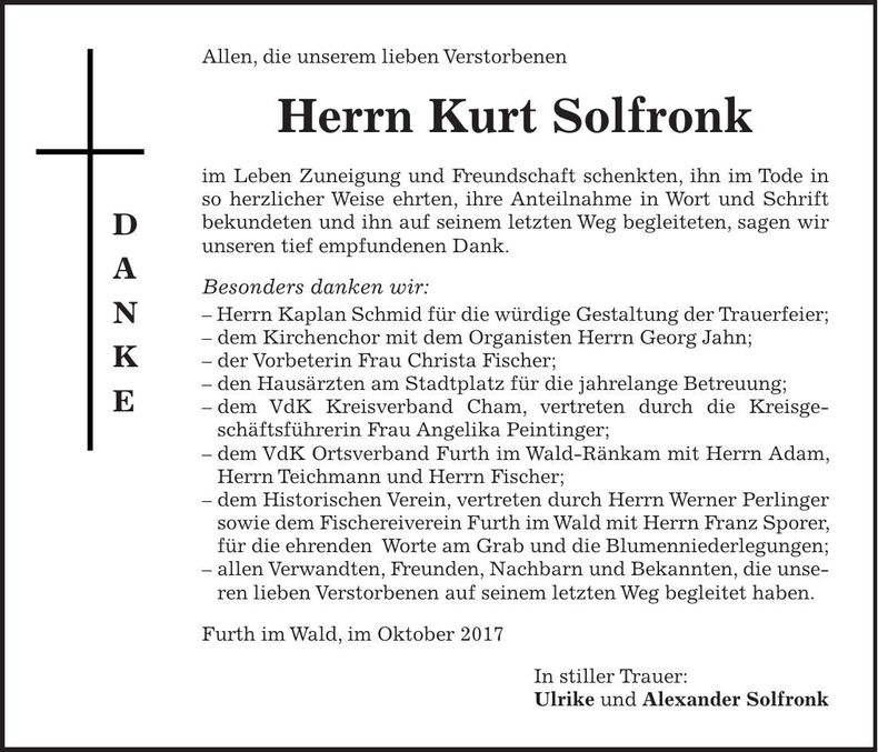 Traueranzeige Kurt Solfronk