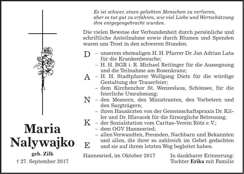 Traueranzeige Maria Nalywajko