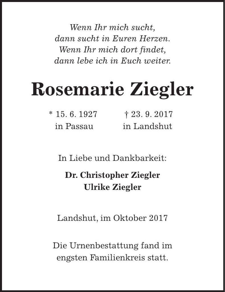 Traueranzeige Rosemarie Ziegler