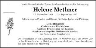 Traueranzeige Helene Methner