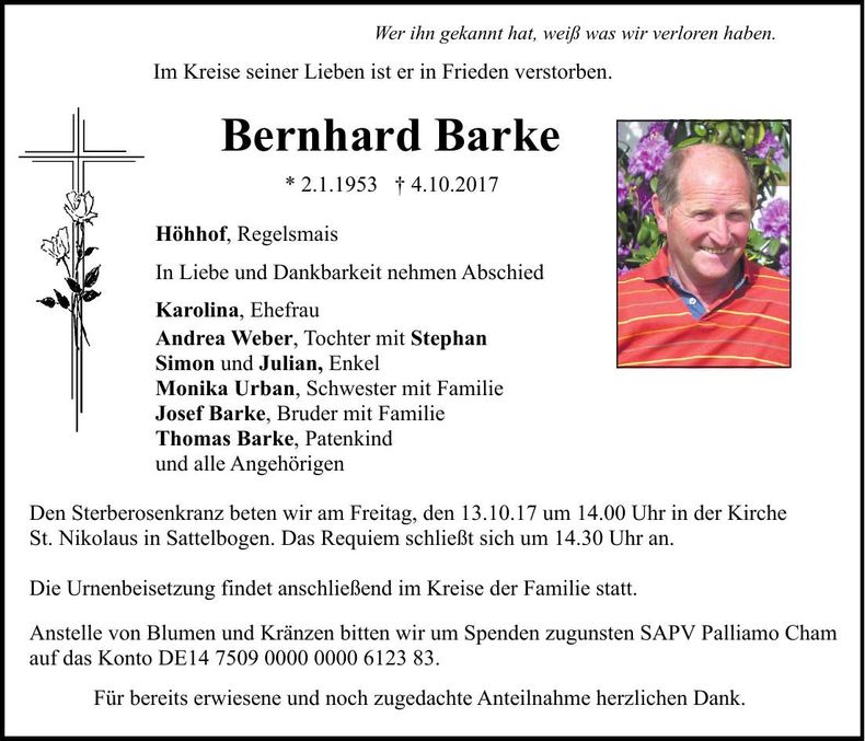 Traueranzeige Bernhad Barke