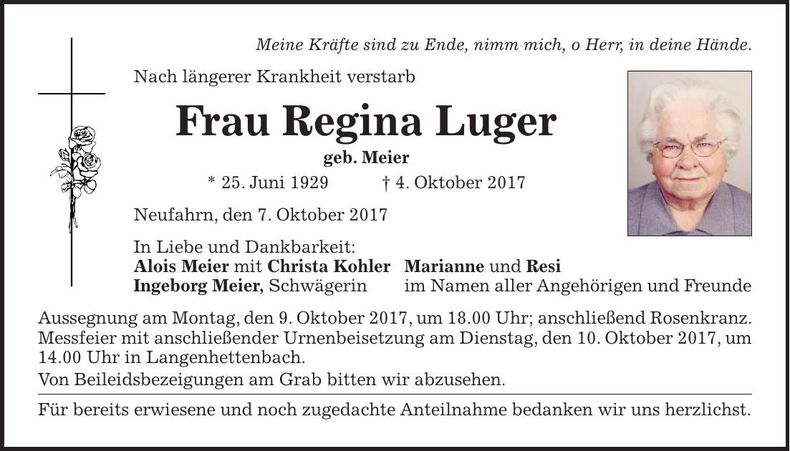 Traueranzeige Regina Luger