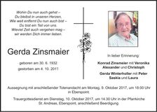 Traueranzeige Gerda Zinsmaier