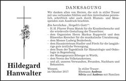 Traueranzeige Hildegard Hanwalter