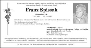 Traueranzeige Franz Spissak