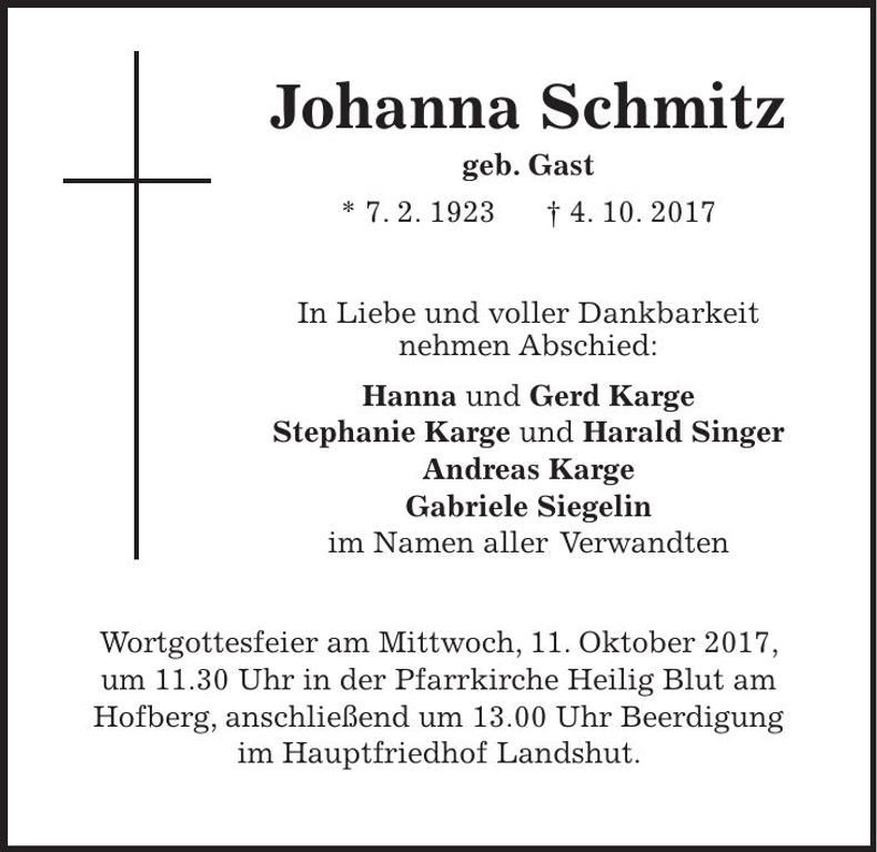 Traueranzeige Johanna Schmitz