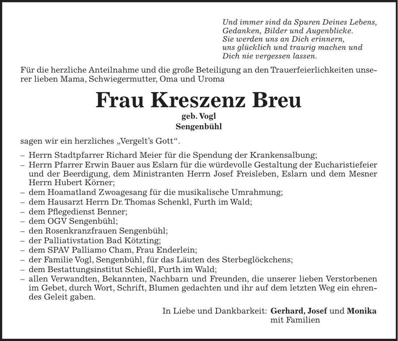Traueranzeige Kreszenz Breu