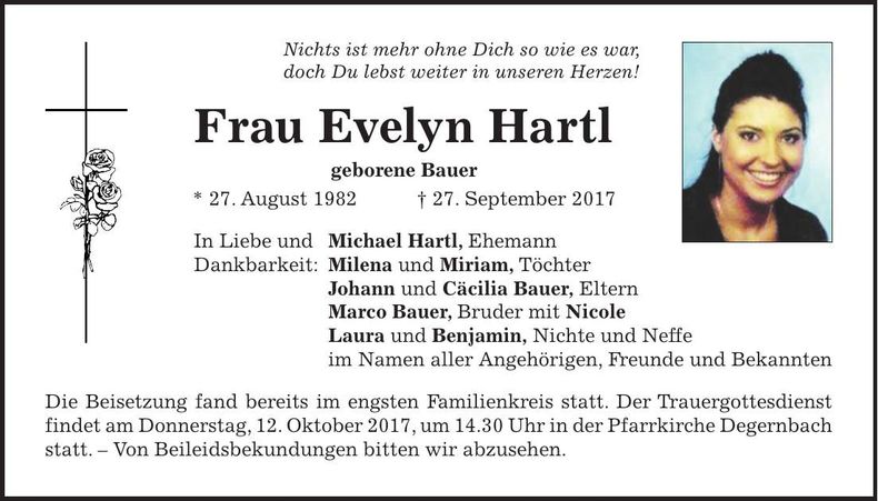 Traueranzeige Evelyn Hartl