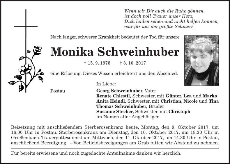 Traueranzeige Monika Schweinhuber