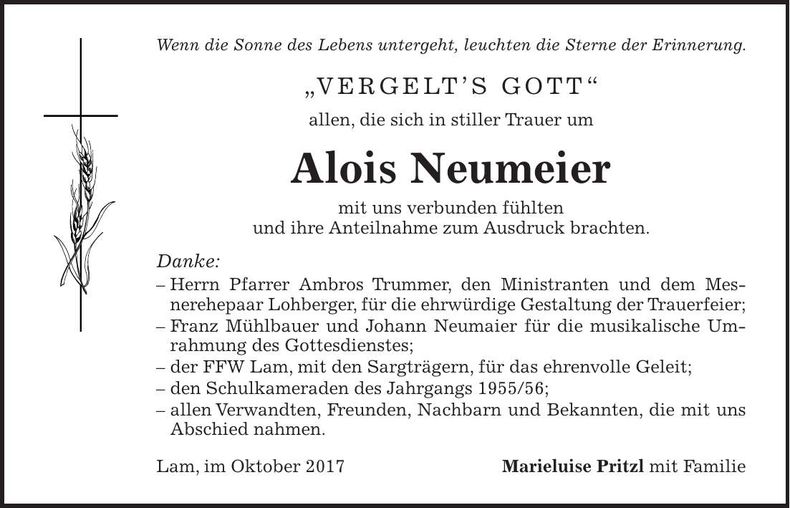 Traueranzeige Alois Neumeier