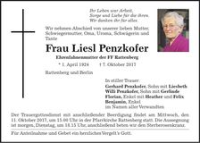 Traueranzeige Liesl Penzkofer