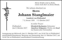 Traueranzeige Johann Stanglmaier