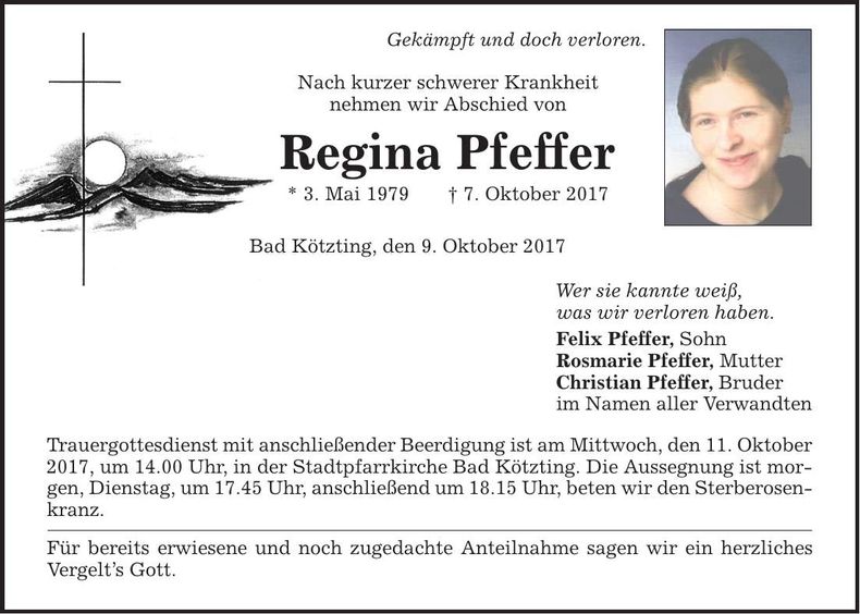 Traueranzeige Regina Pfeffer