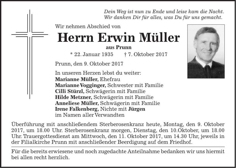 Traueranzeige Erwin Müller