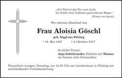 Traueranzeige Aloisia Göschl