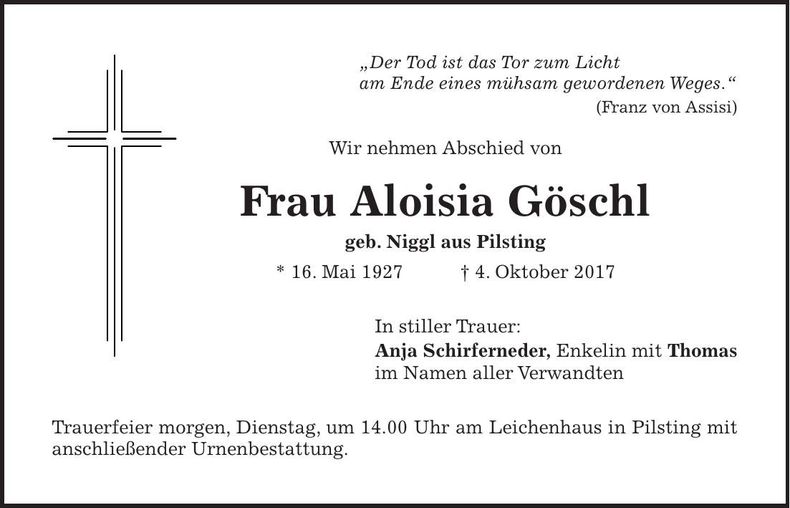 Traueranzeige Aloisia Göschl