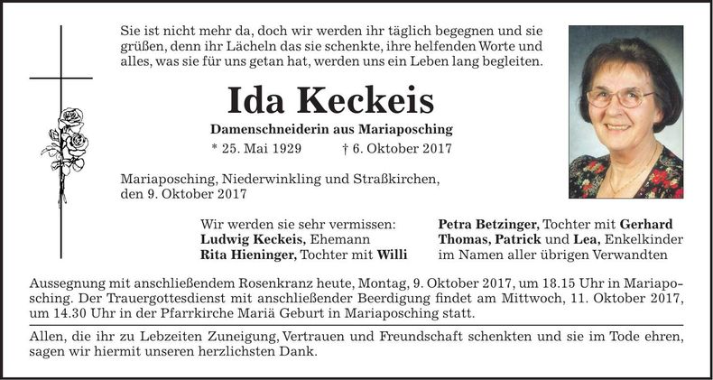 Traueranzeige Ida Keckeis