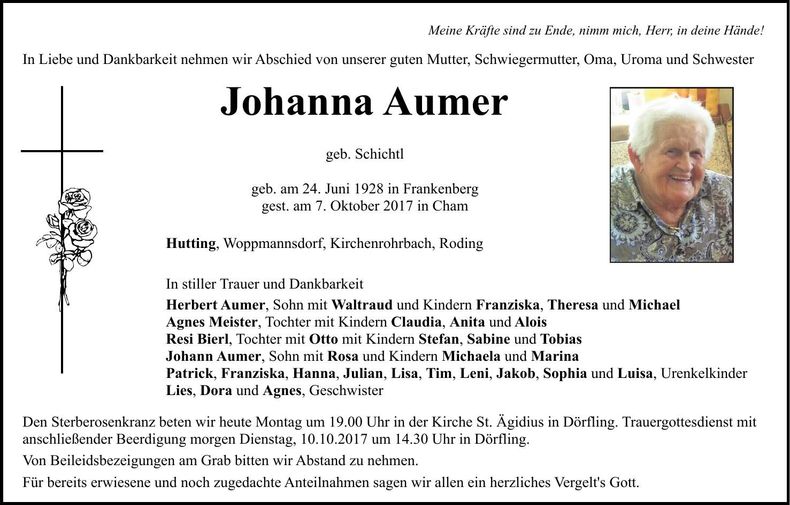 Traueranzeige Johanna Aumer