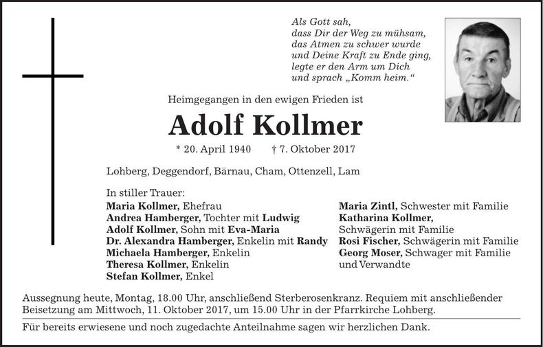 Traueranzeige Adolf Kollmer