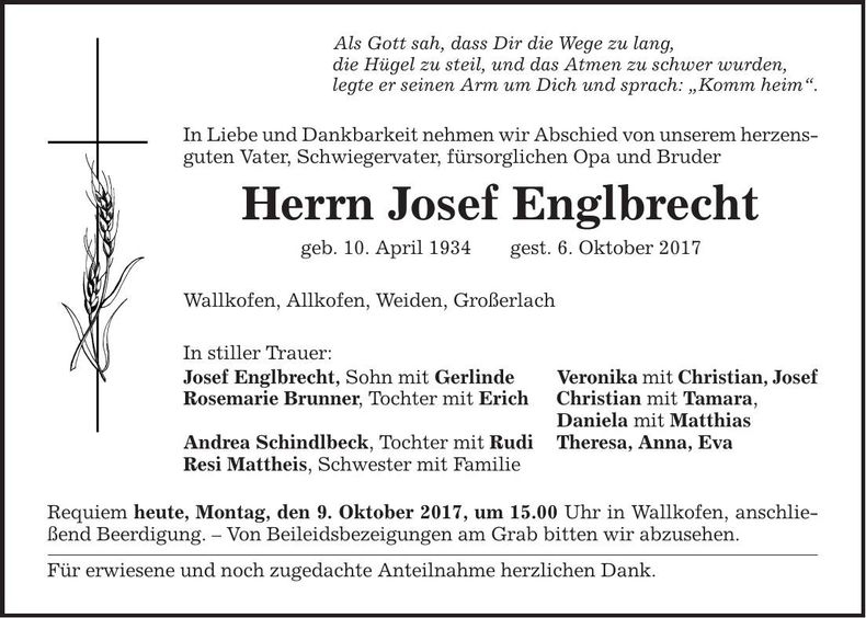 Traueranzeige Josef Englbrecht