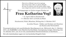 Traueranzeige Katharina Vogl