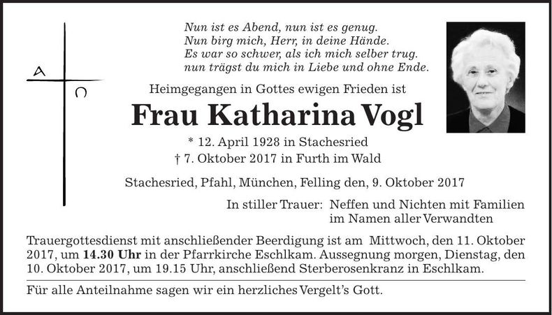 Traueranzeige Katharina Vogl