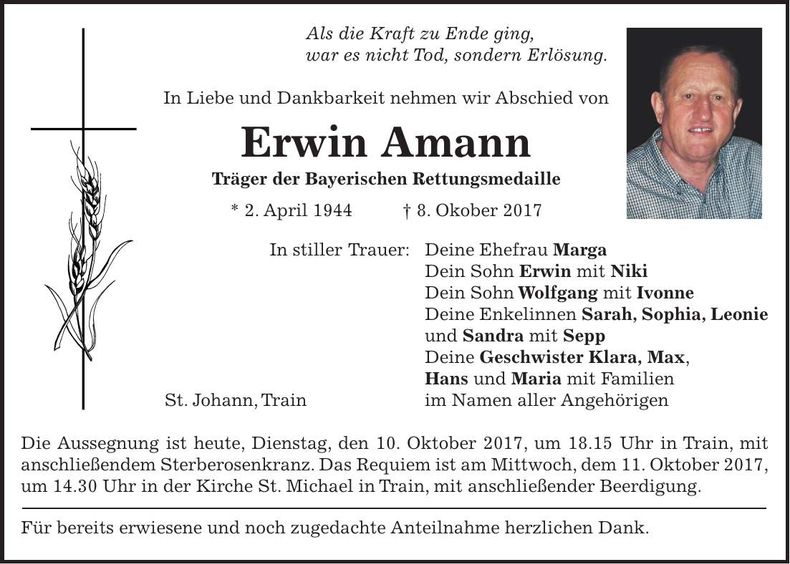 Traueranzeige Erwin Amann