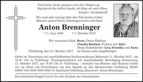 Traueranzeige Anton Brenninger