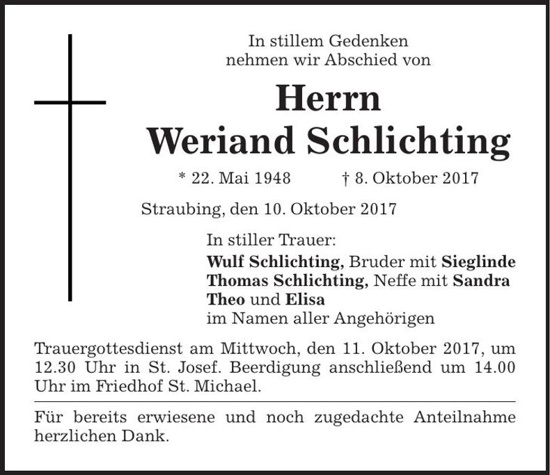 Traueranzeige Weriand Schlichting