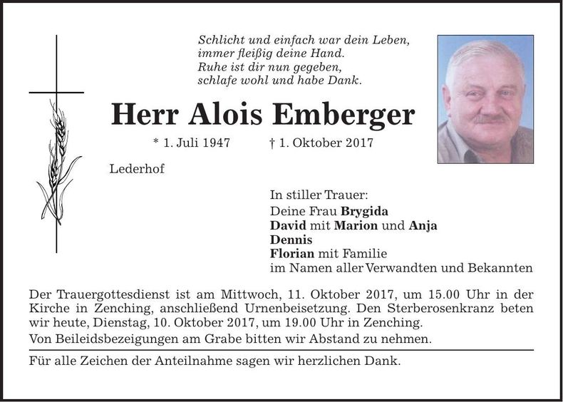 Traueranzeige Alois Emberger
