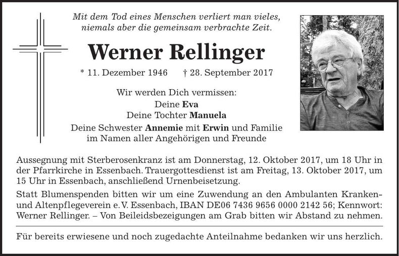 Traueranzeige Werner Rellinger
