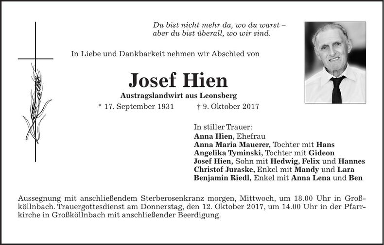 Traueranzeige Josef Hien