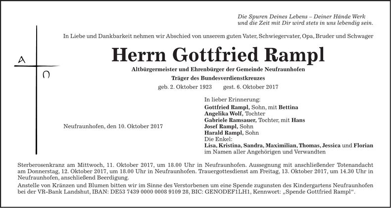 Traueranzeige Gottfried Rampl