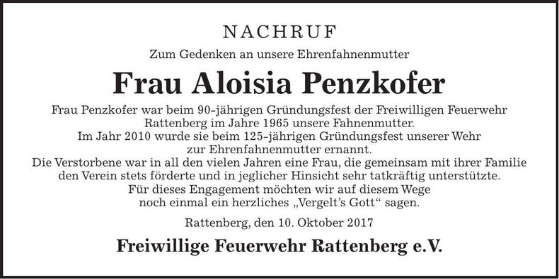 Traueranzeige Aloisia Penzkofer
